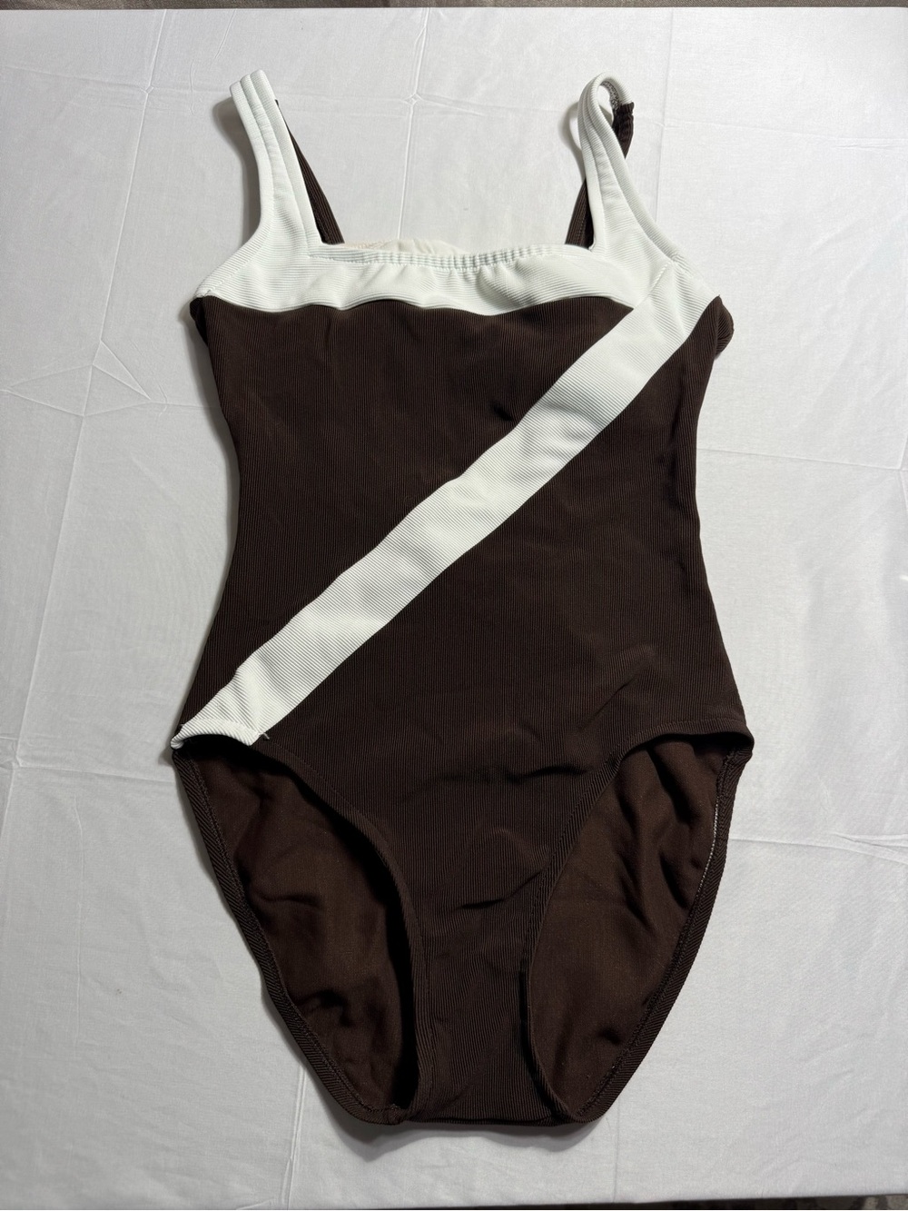 Vtg 90s Brown White Colorblock One Piece Swimsuit Ribbed Wrap Open Back SZ 12